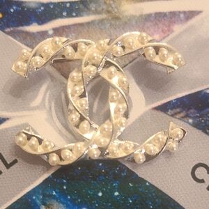 Monogram Silver-tone and Pearl Brooch